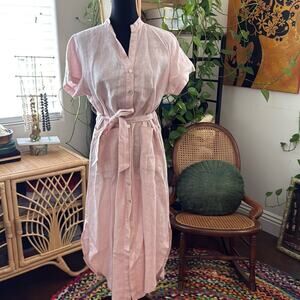Marche Rosemary Pink 100% Linen Short Sleeve Button Up Waist Tie Shirt Dress